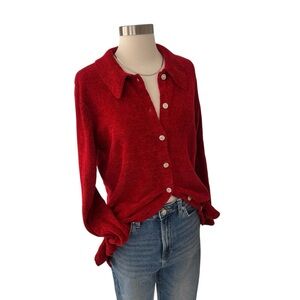 Vintage 90s Denim & Co. red chenille cardigan sweater S